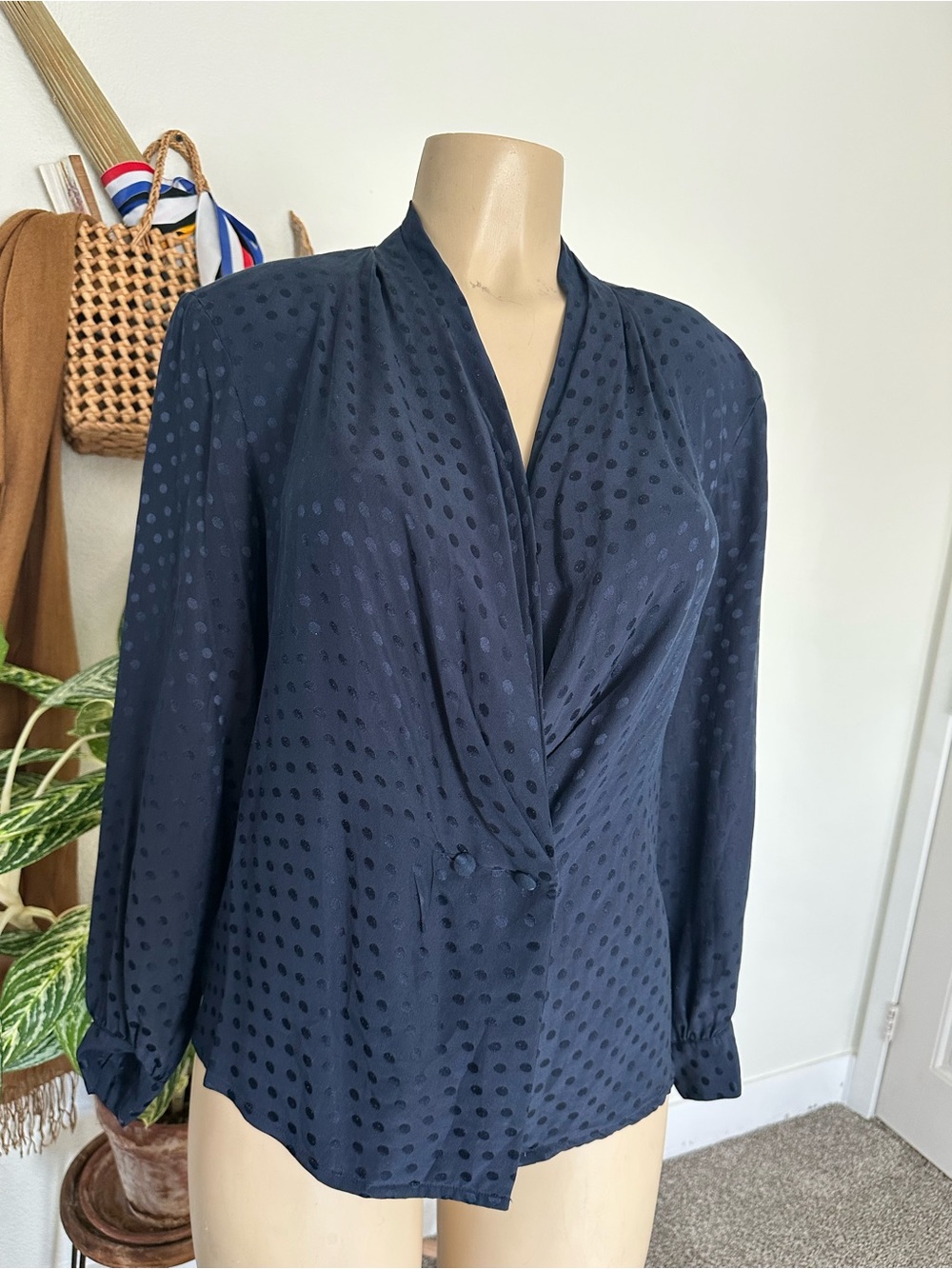 Saks Fifth Avenue Navy Polka Dot Draped V-Neck Blouse